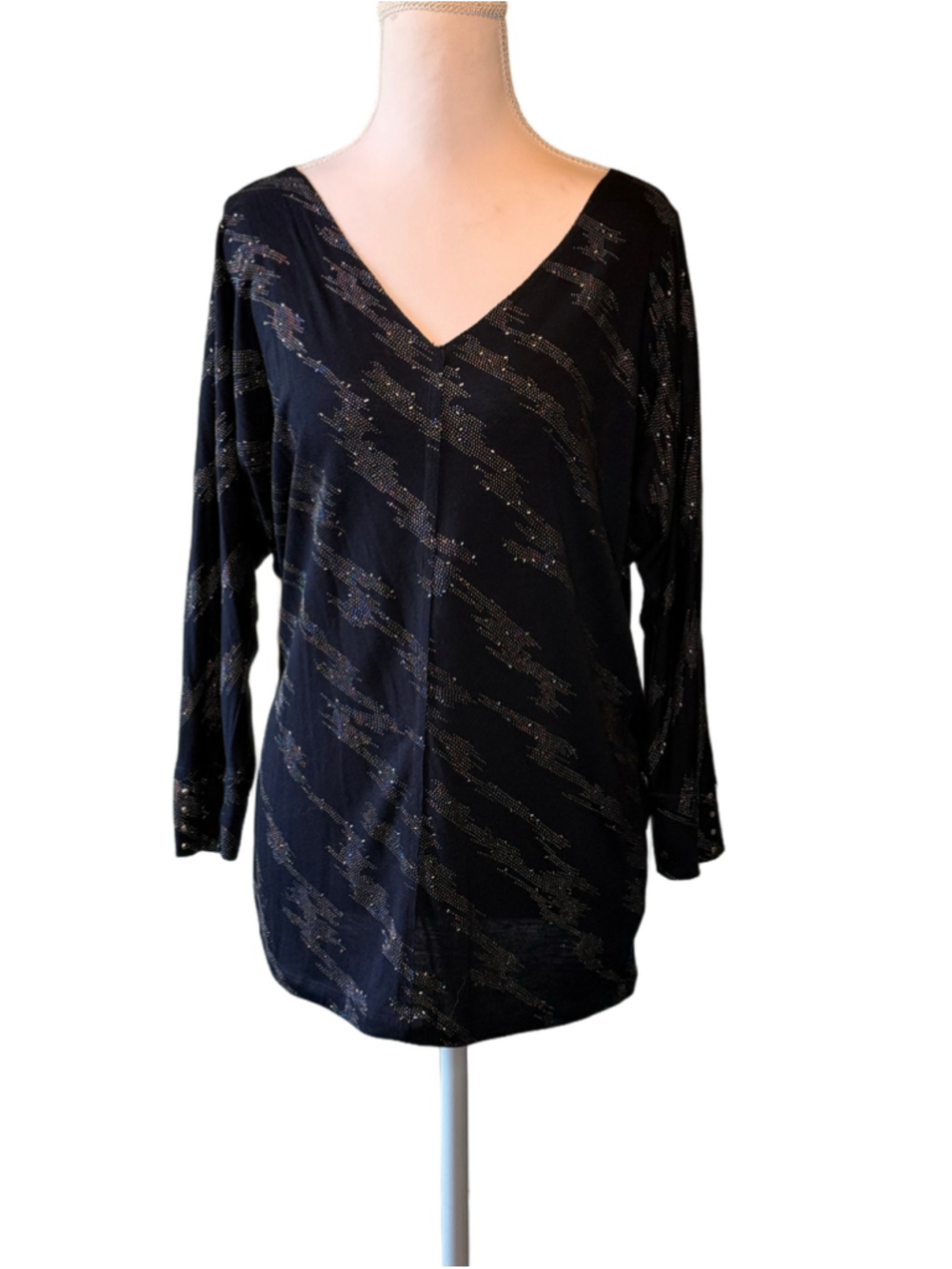 Allen B Navy Metallic Studded Batwing Dolman V Neck Top Size M